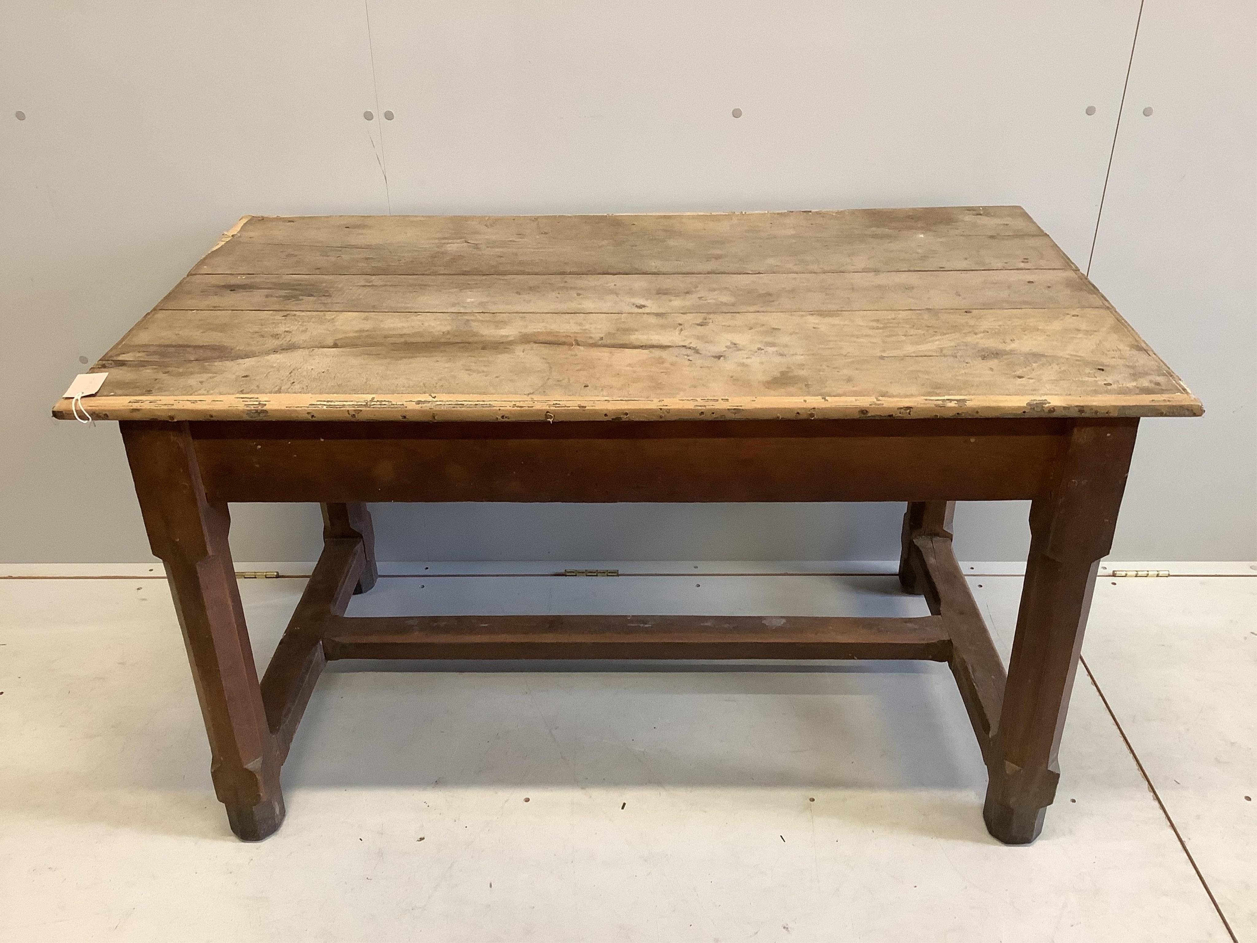 A small 19th century French oak farmhouse table, width 130cm, depth 72cm, height 73cm. Condition - poor